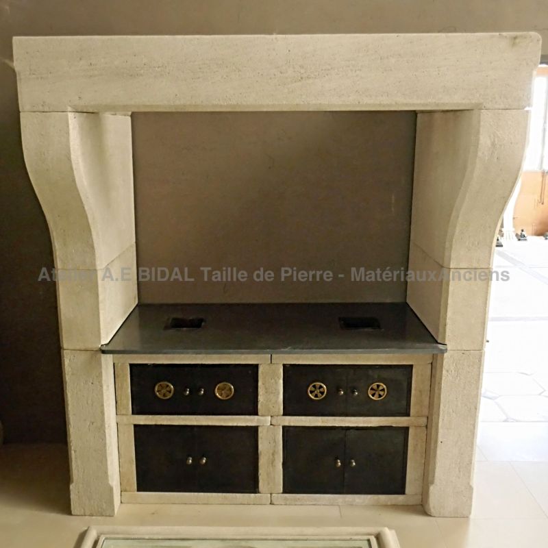 Beautiful stone fireplace for kitchen | Hand-crafted stone kitchen by Alain BIDAL, Provence
