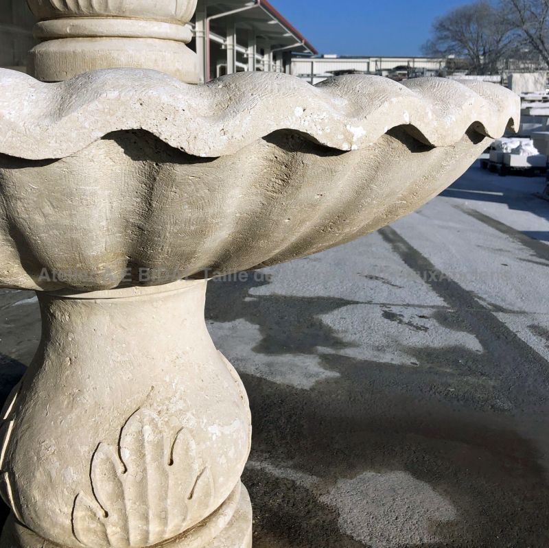 Hand-carved bowl in natural limestone on our central 3-tiers fountain : Atelier Alain BIDAL (Provence)