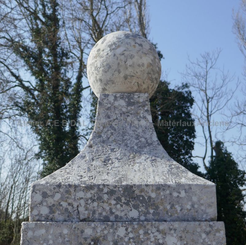 Detail of the capital with stone ball on foot on our gate post in Avy stone