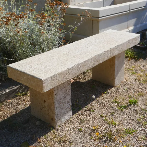 Rustic-looking stone bench : long garden bench for sale at Atelier Alain BIDAL (Provence)